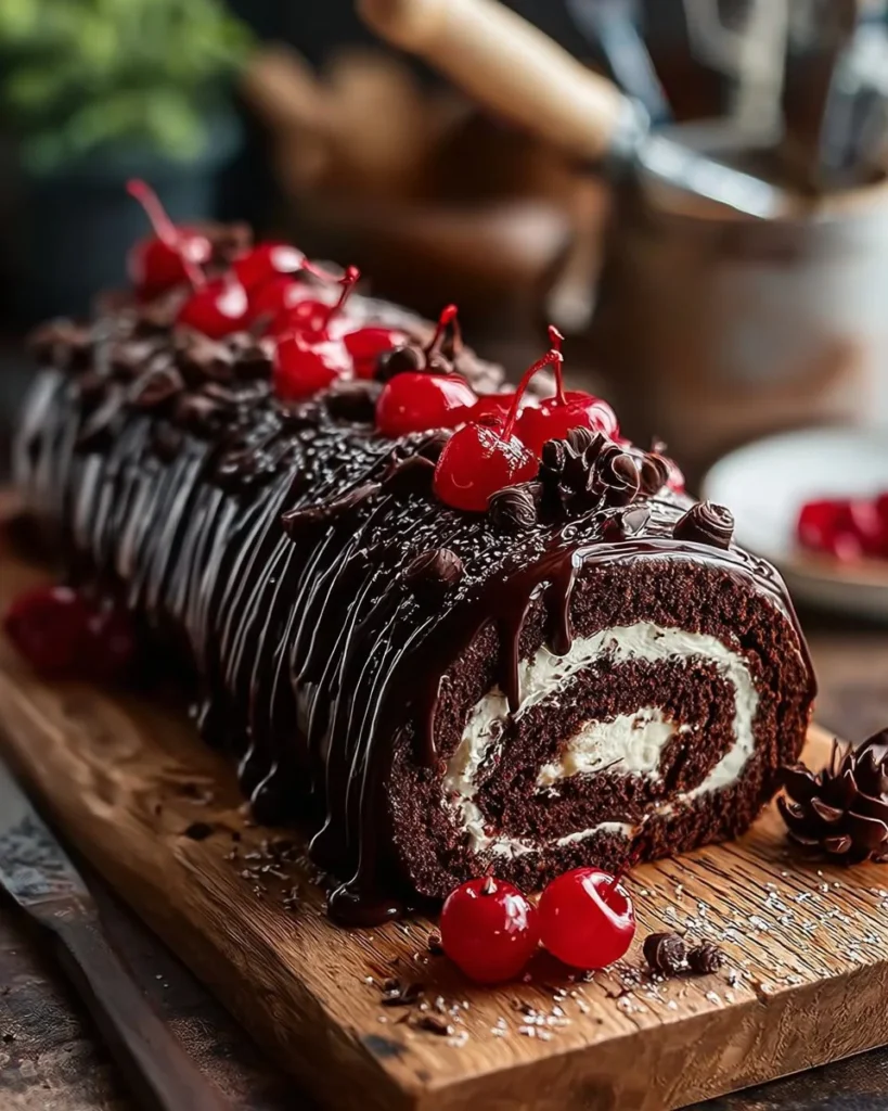 Elegant Black Forest Roll Cake with chocolate, cherries, and whipped cream