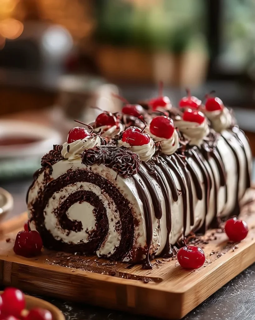 Elegant Black Forest Roll Cake topped with cherries and chocolate shavings