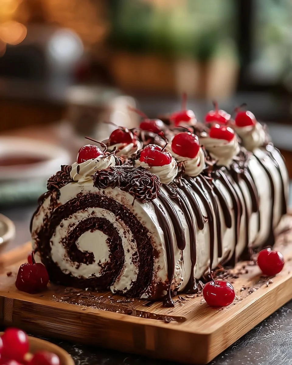 Elegant Black Forest Roll Cake topped with cherries and chocolate shavings