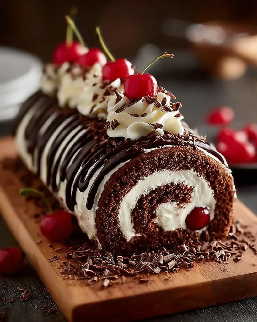 Elegant Black Forest Roll Cake with chocolate, cherries, and whipped cream