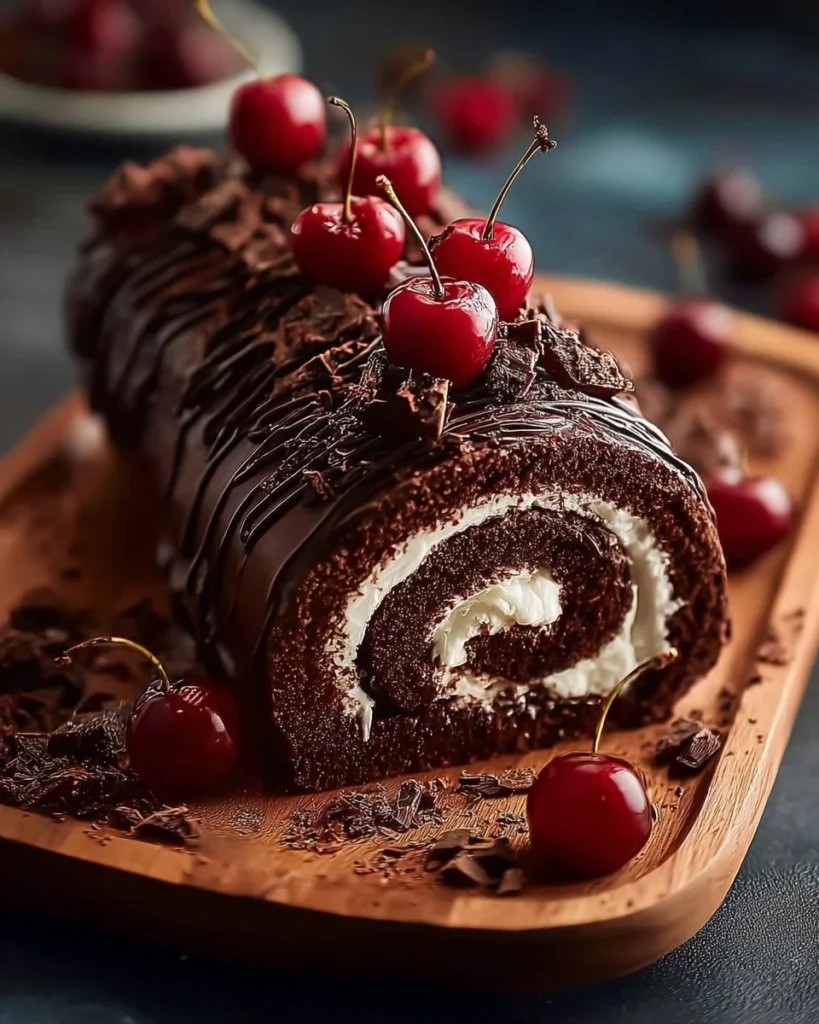 Elegant Black Forest Roll Cake topped with whipped cream and cherries