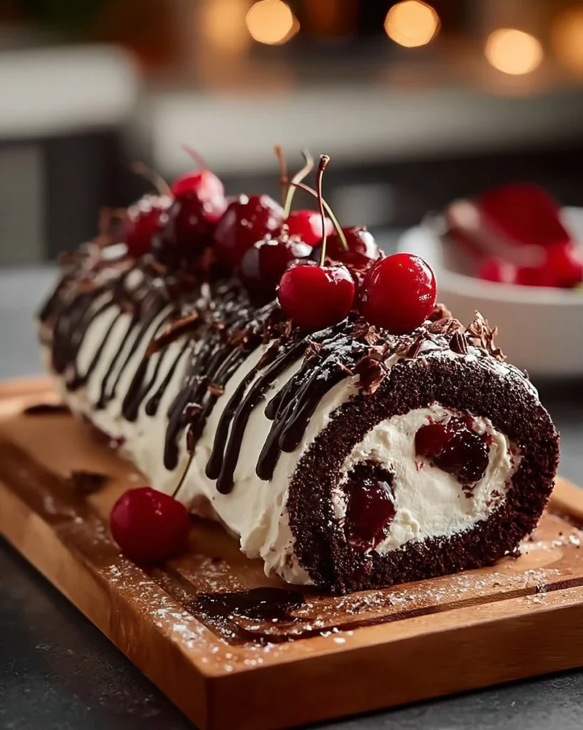 Elegant Black Forest Roll Cake topped with cherries and whipped cream