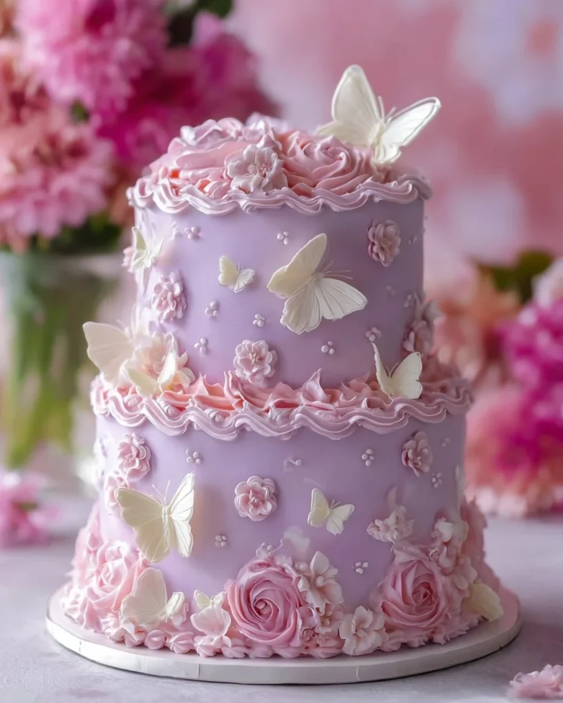 Elegant butterfly cake decorated with colorful edible butterflies and floral accents