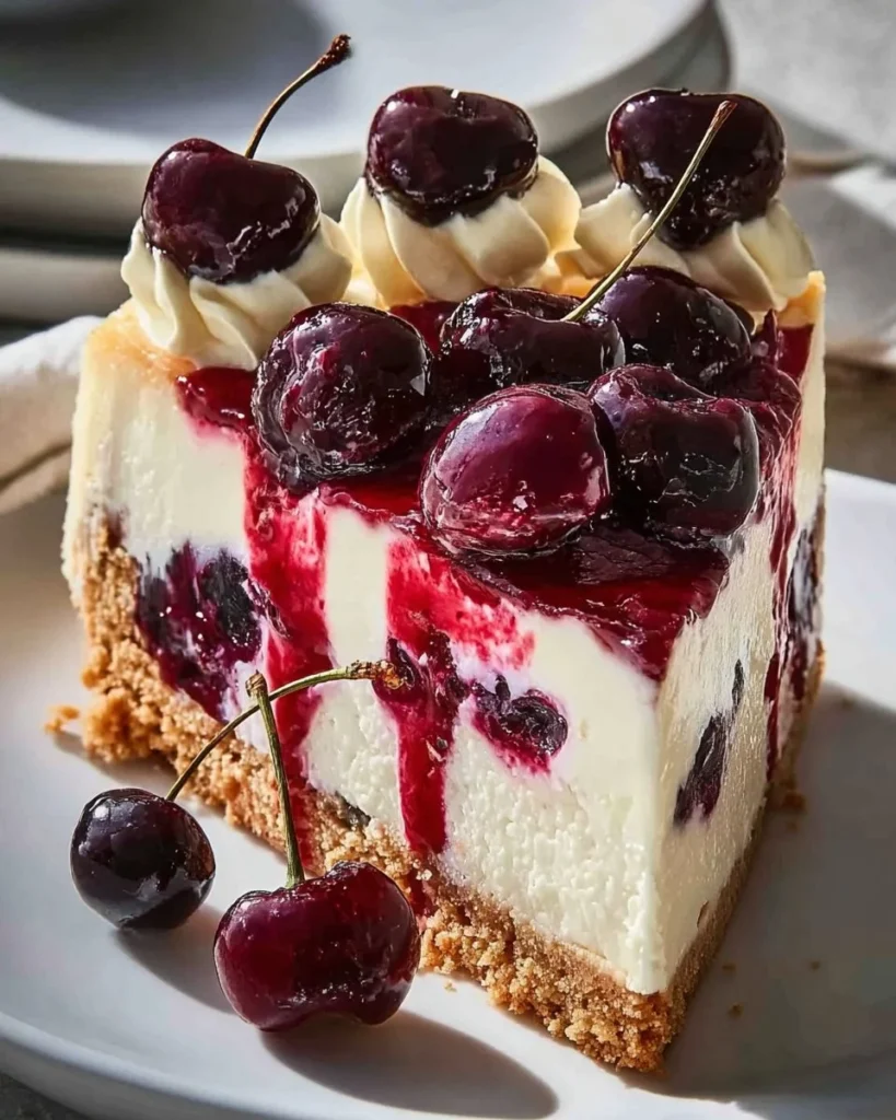Elegant cherry cheesecake topped with ripe cherries and creamy filling