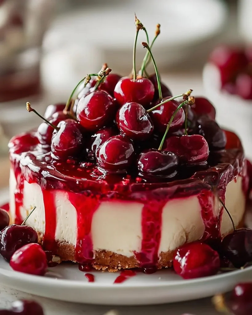 Elegant Cherry Cheesecake topped with fresh cherries and creamy filling