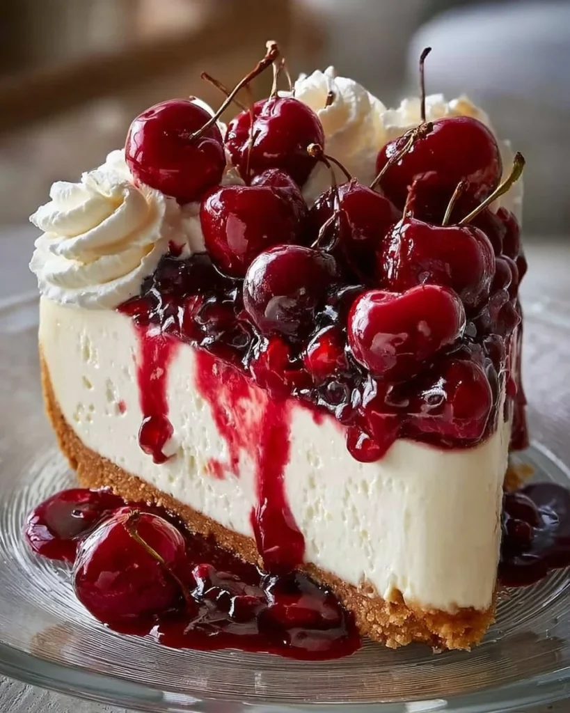 Delicious elegant cherry cheesecake topped with fresh cherries and whipped cream
