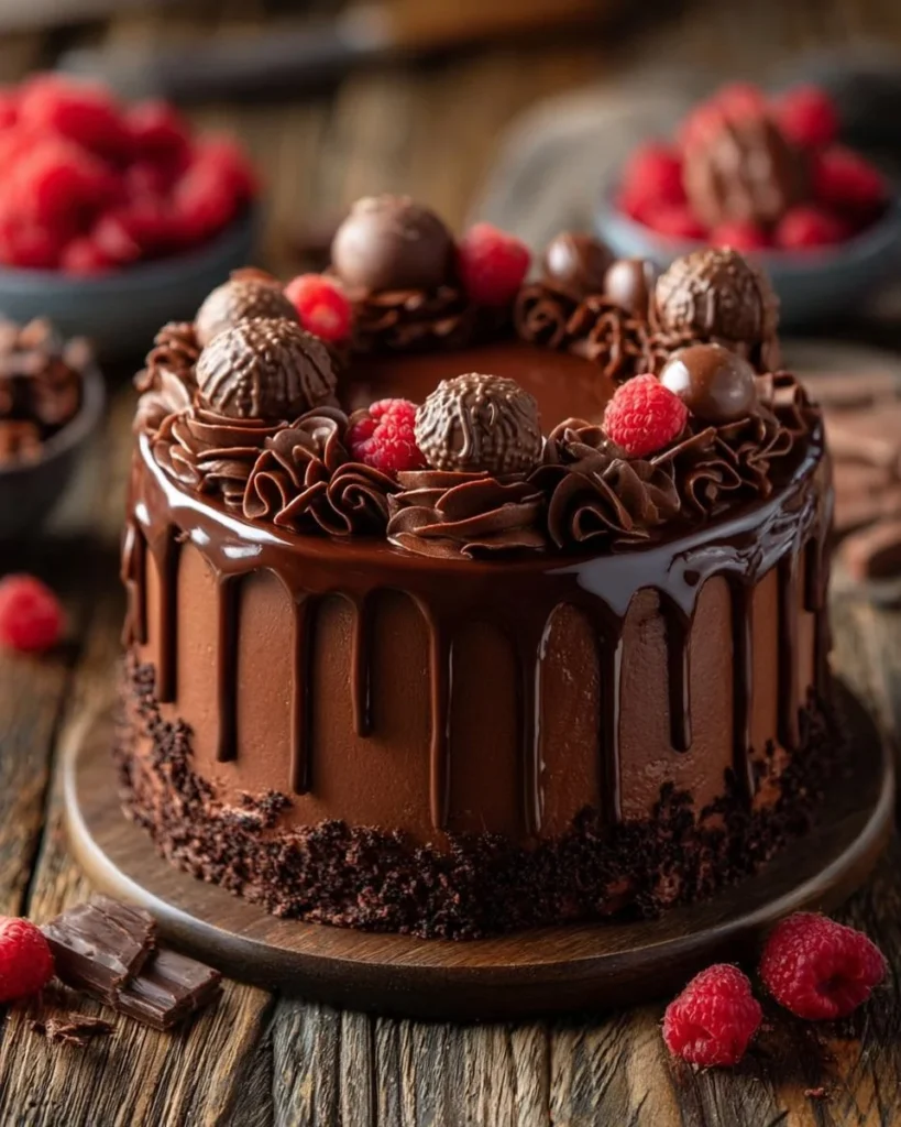 Elegant Chocolate Cake featuring rich dark chocolate frosting and decorative toppings.