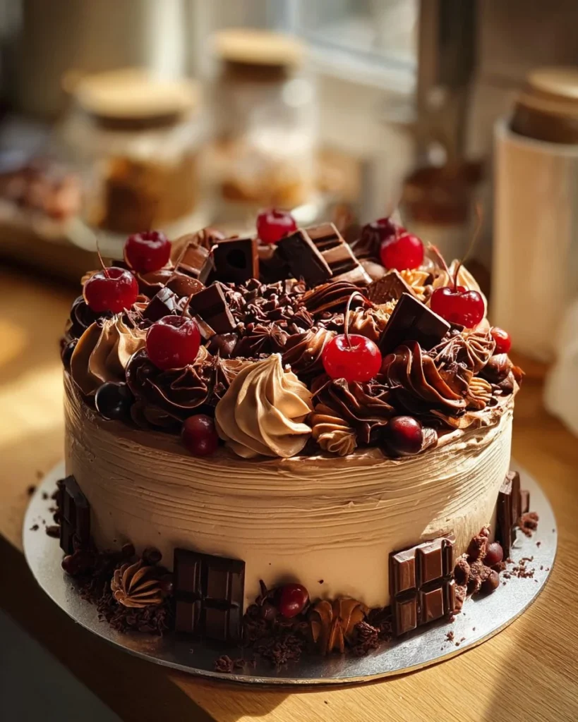 Elegant Chocolate Forest Cake with rich chocolate layers and decorative forest elements