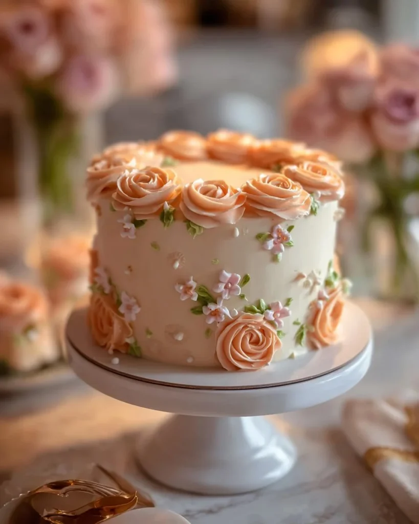 Elegant Floral Peach Cake decorated with fresh flowers and peach slices