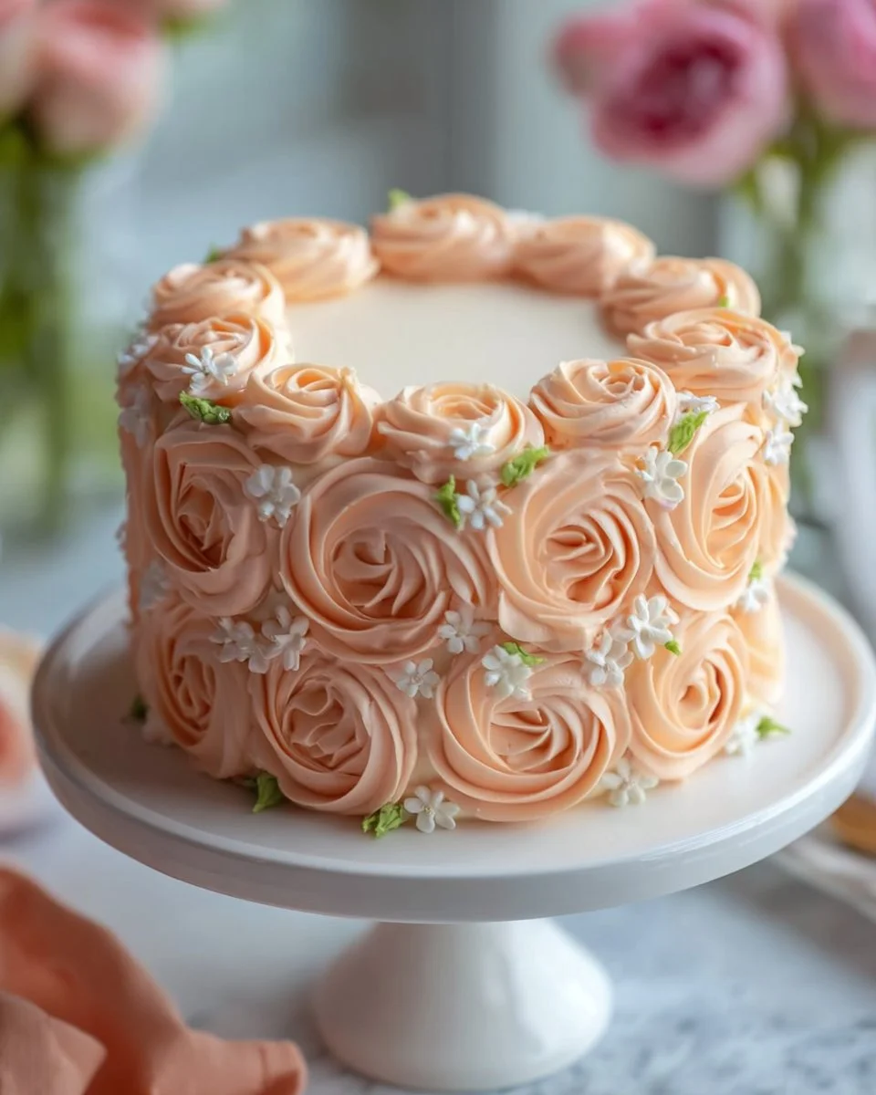 Elegant floral peach cake adorned with fresh flowers and juicy peaches.