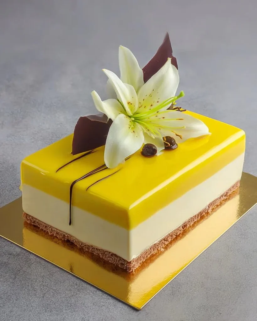 Elegant lemon blossom cake decorated with fresh lemon blossoms and frosting.