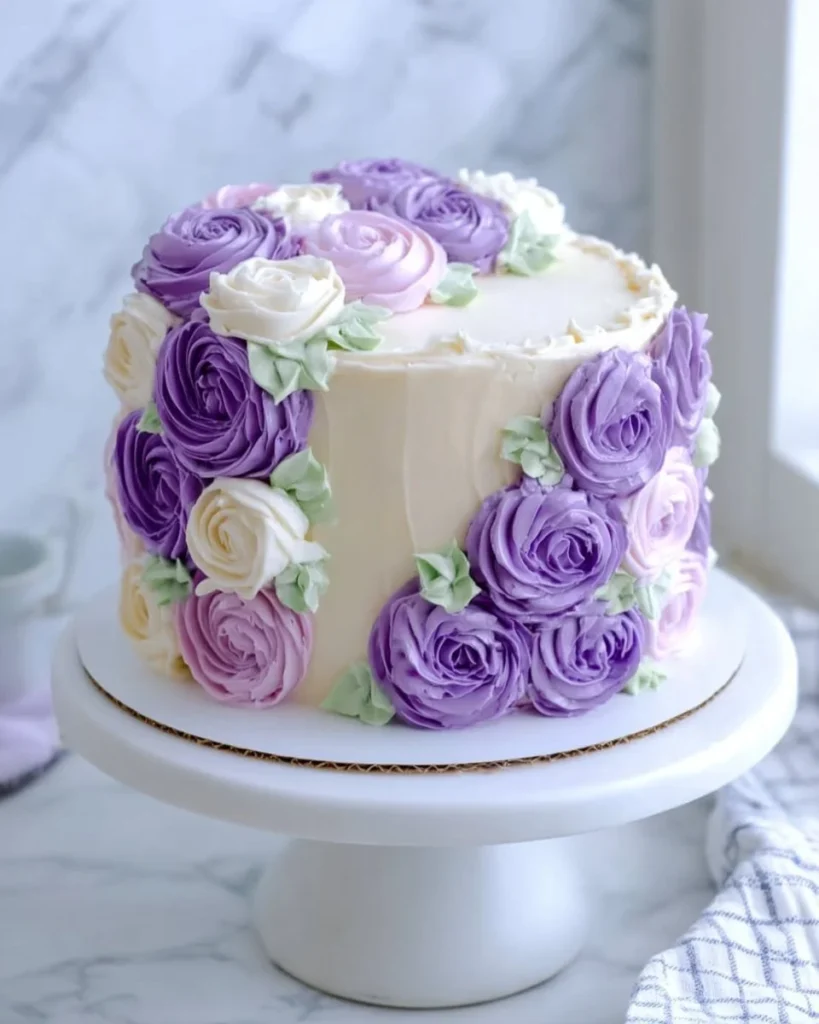 Elegant purple rose cake decorated with beautiful fondant roses.