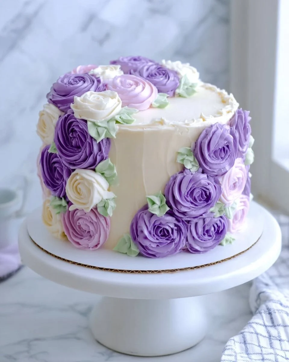 Elegant purple rose cake decorated with beautiful fondant roses.