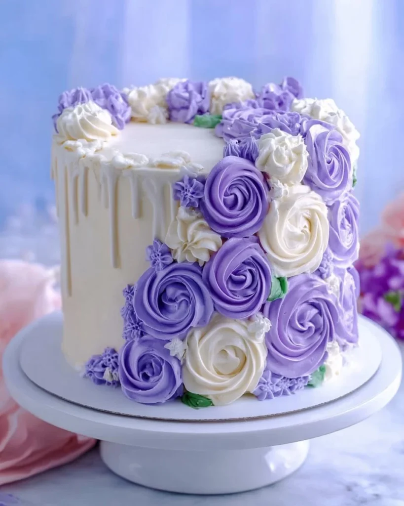 Elegant purple rose cake decorated with stunning floral designs