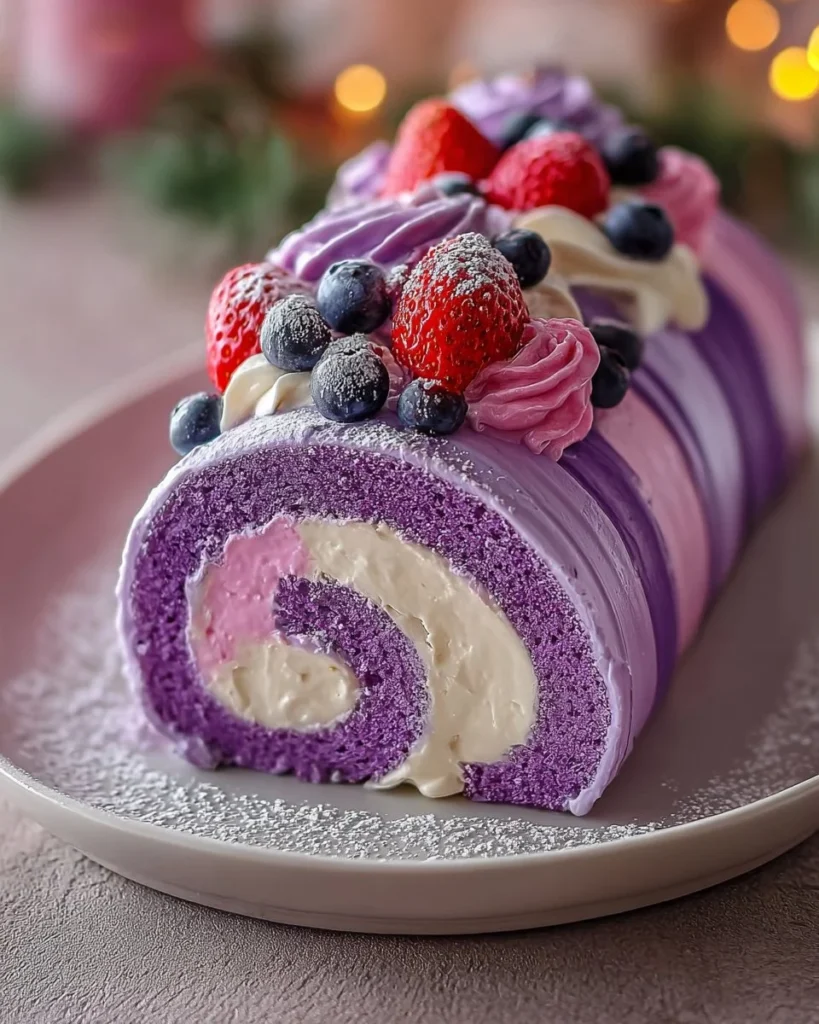 Beautifully sliced elegant purple velvet cake roll with cream cheese frosting