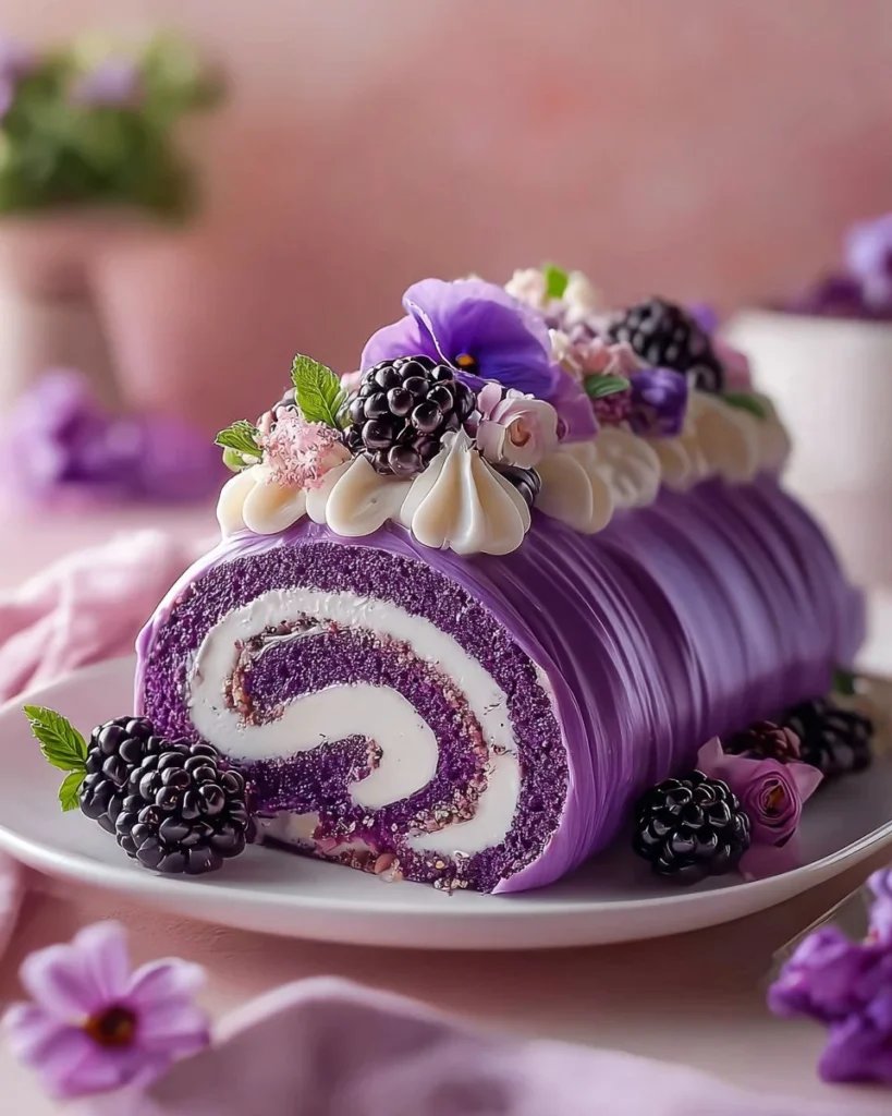Elegant purple velvet cake roll with cream cheese frosting and vibrant color.