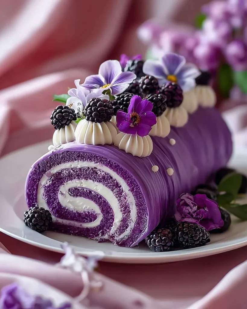 Elegant Purple Velvet Cake Roll filled with cream and decorated with purple frosting