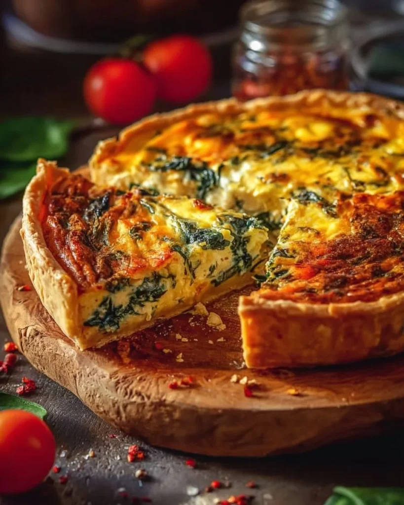 Elegant Ricotta and Spinach Quiche with a golden crust and fresh spinach filling.