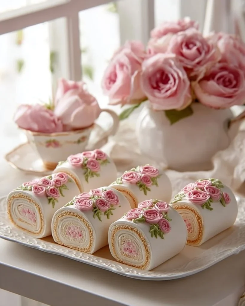Elegant Rose Swiss Roll dessert with floral designs and pink frosting.