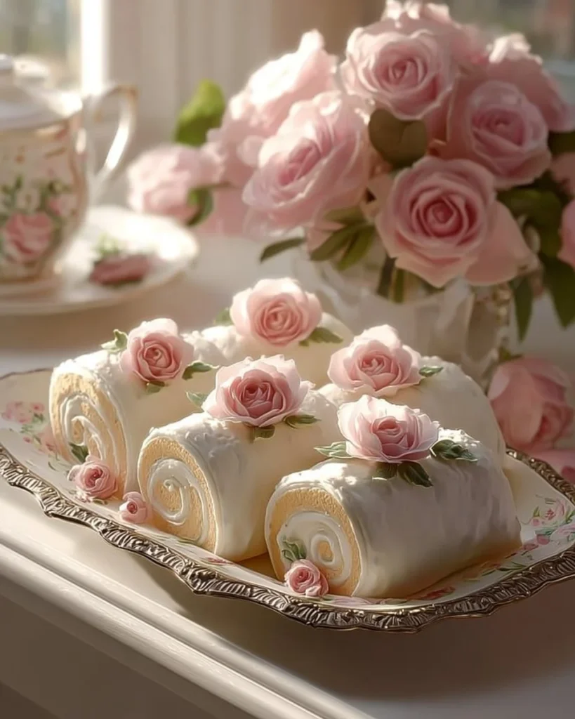 Elegant Rose Swiss Roll dessert with floral decoration and delicate texture.