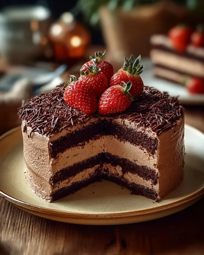 Delicious Elegant Triple Chocolate Mousse Cake with rich chocolate layers and whipped cream.