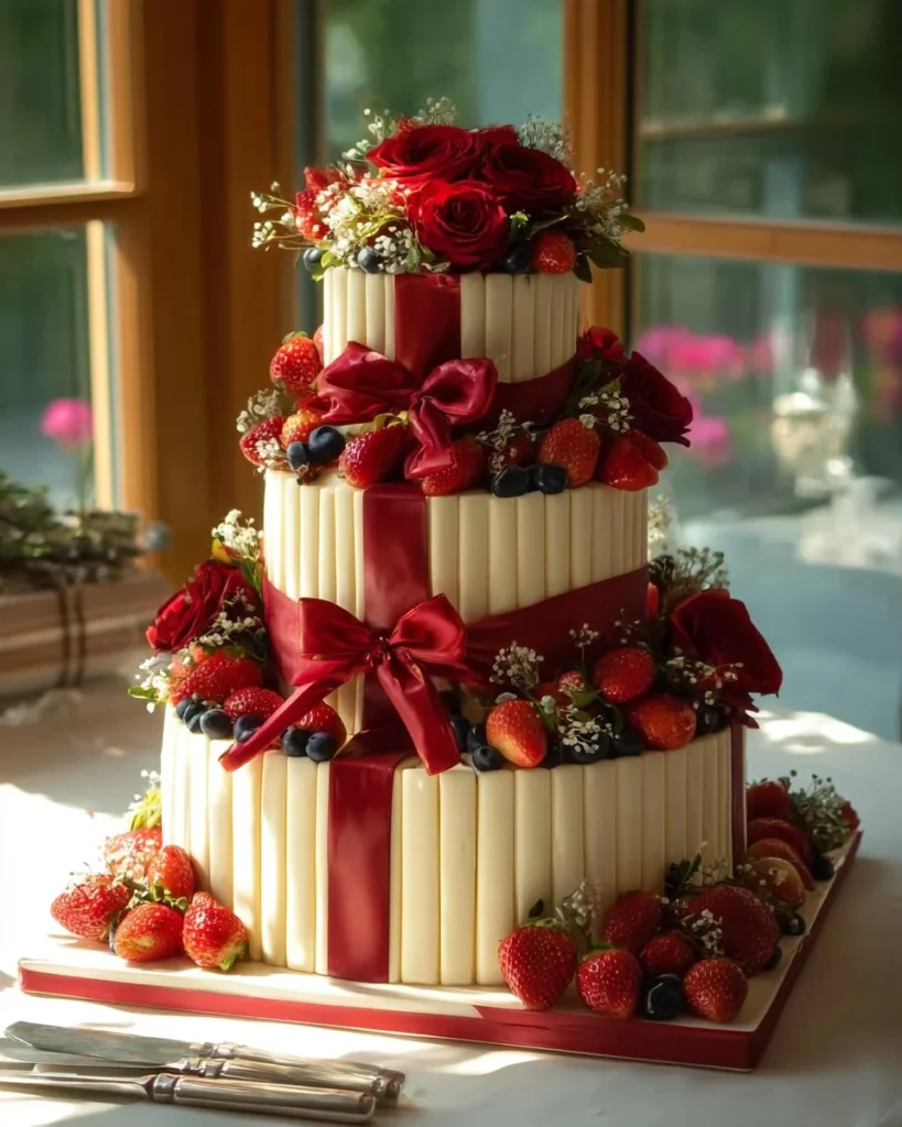 Elegant white chocolate berry cake topped with fresh berries and white chocolate curls