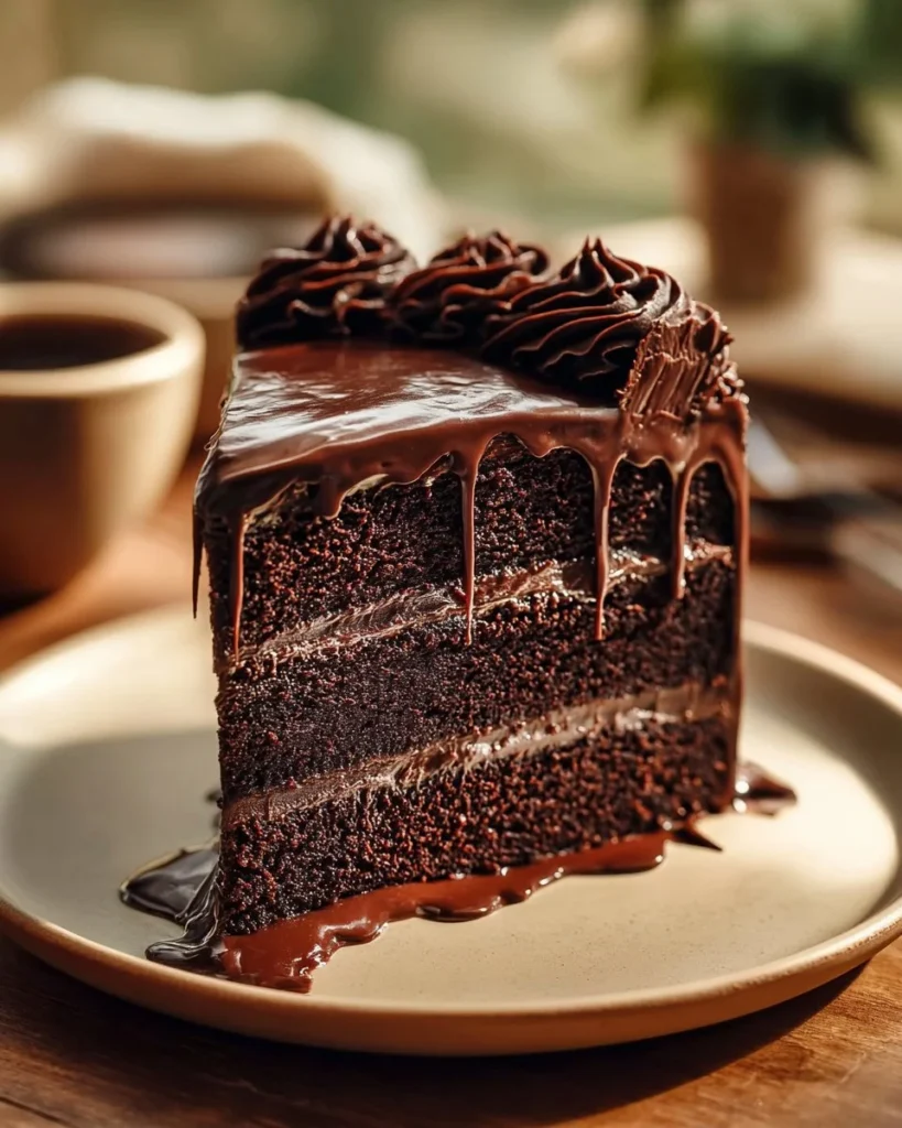 Delicious Enchanted Chocolate Cake topped with rich chocolate frosting