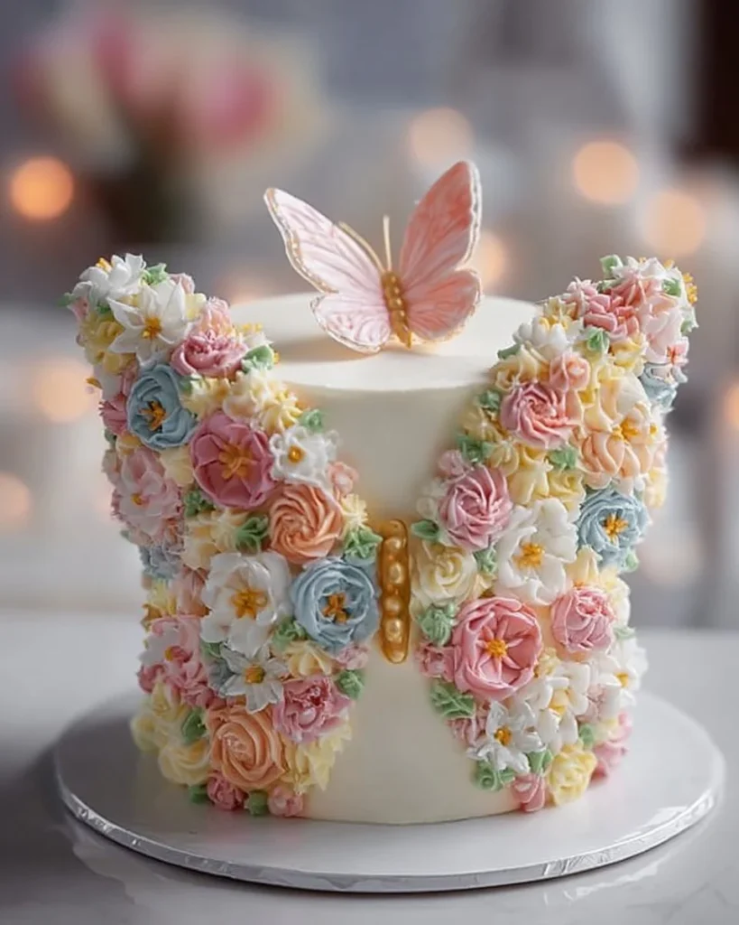Enchanting butterfly floral cake decorated with colorful flowers and butterflies