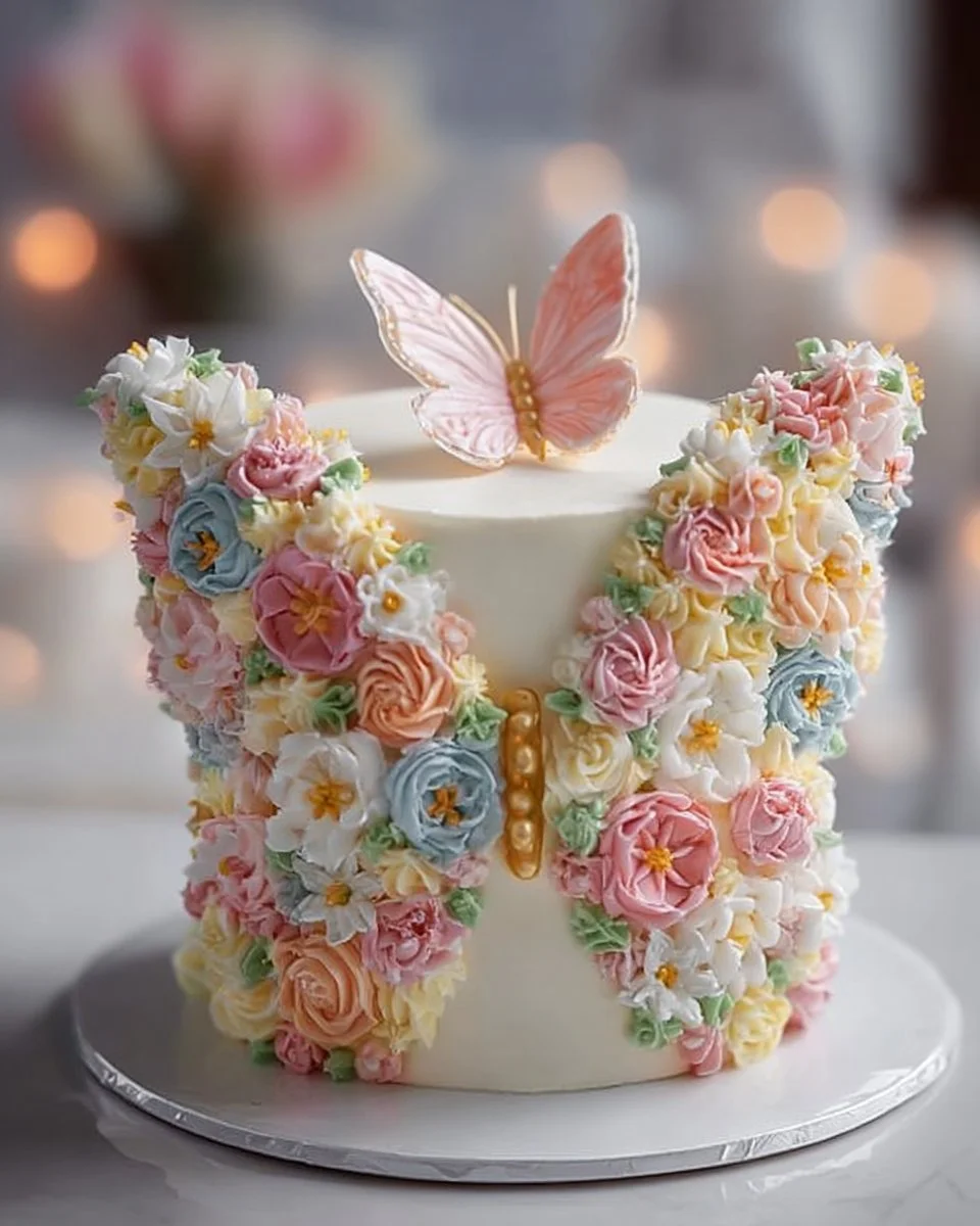 Enchanting butterfly floral cake decorated with colorful flowers and butterflies