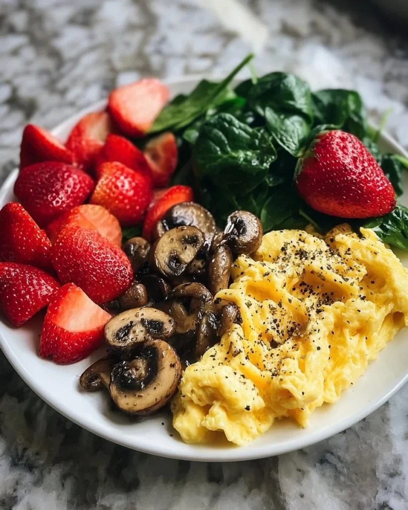 Energizing breakfast plate with colorful fruits, eggs, and whole grain toast.