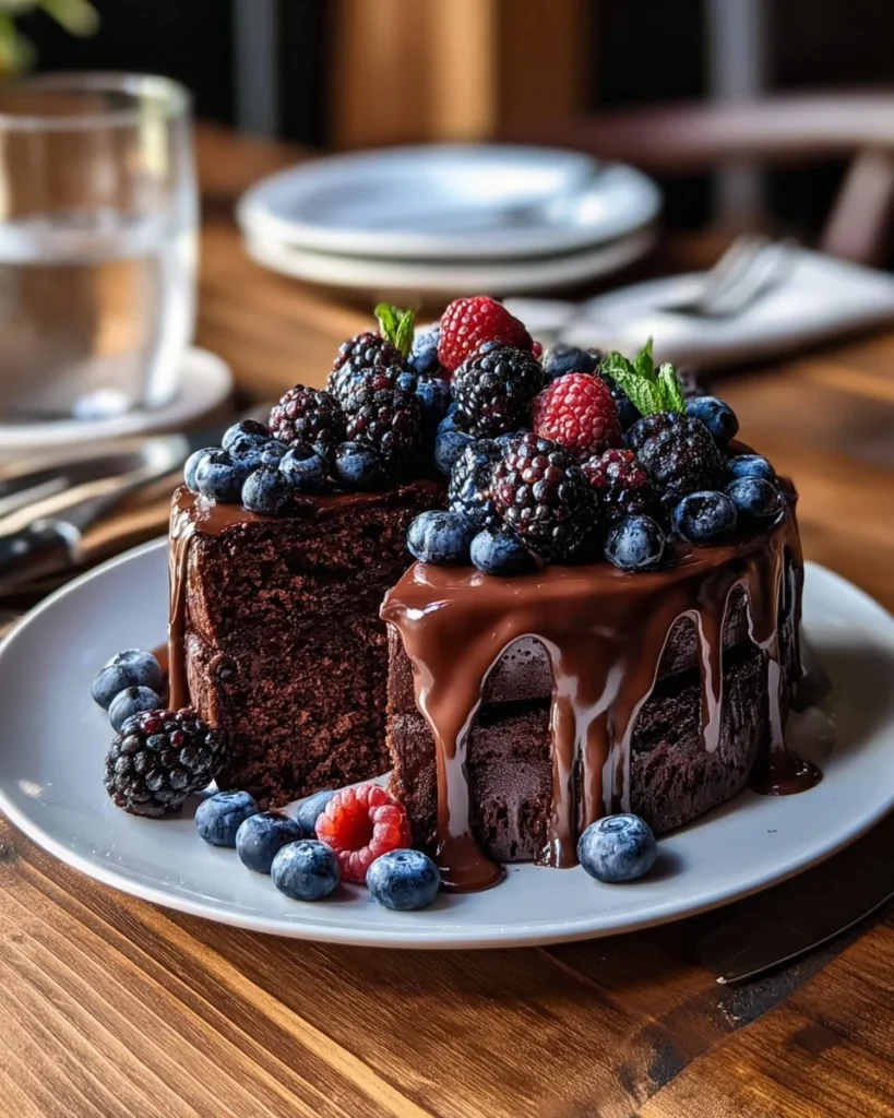Epic Chocolate Cassis Cake topped with rich chocolate and fresh cassis berries.