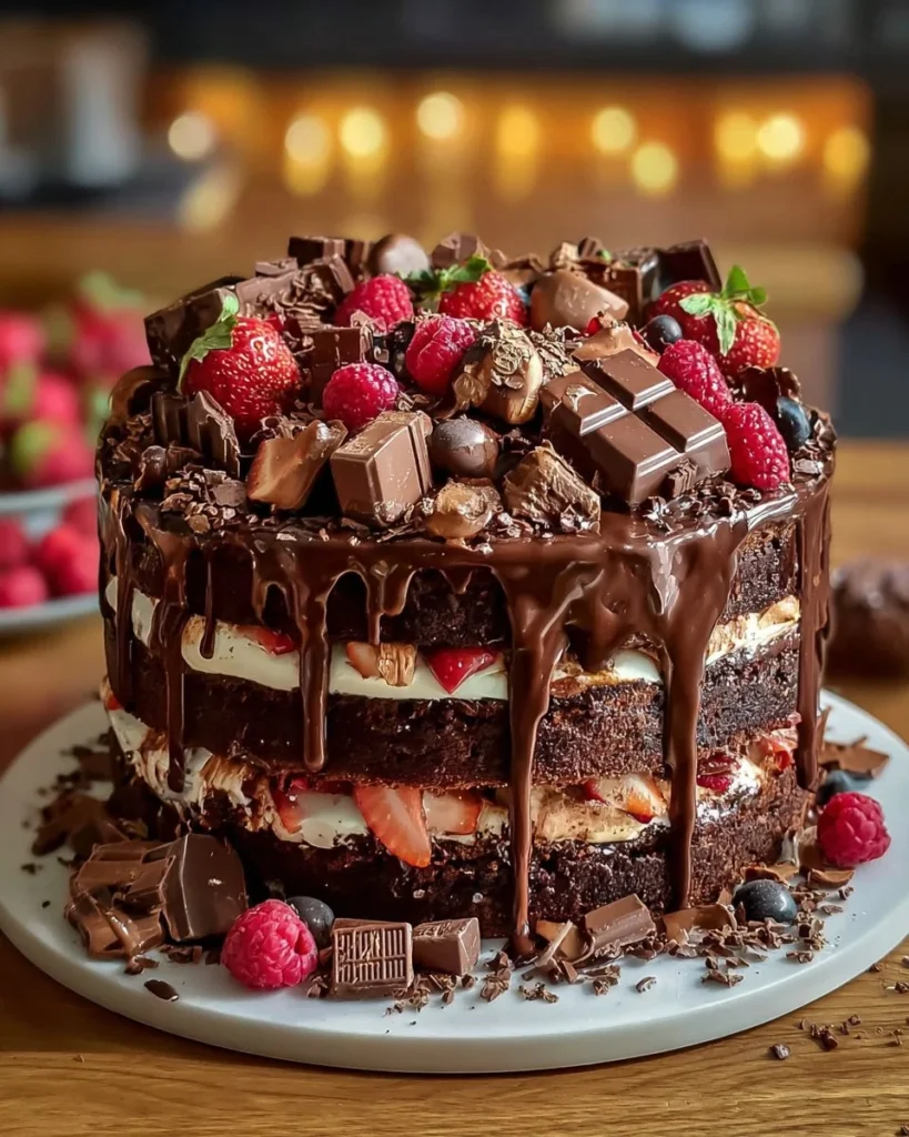 Epic Chocolate Overload Explosion Cake, a decadent chocolate cake bursting with rich flavors.