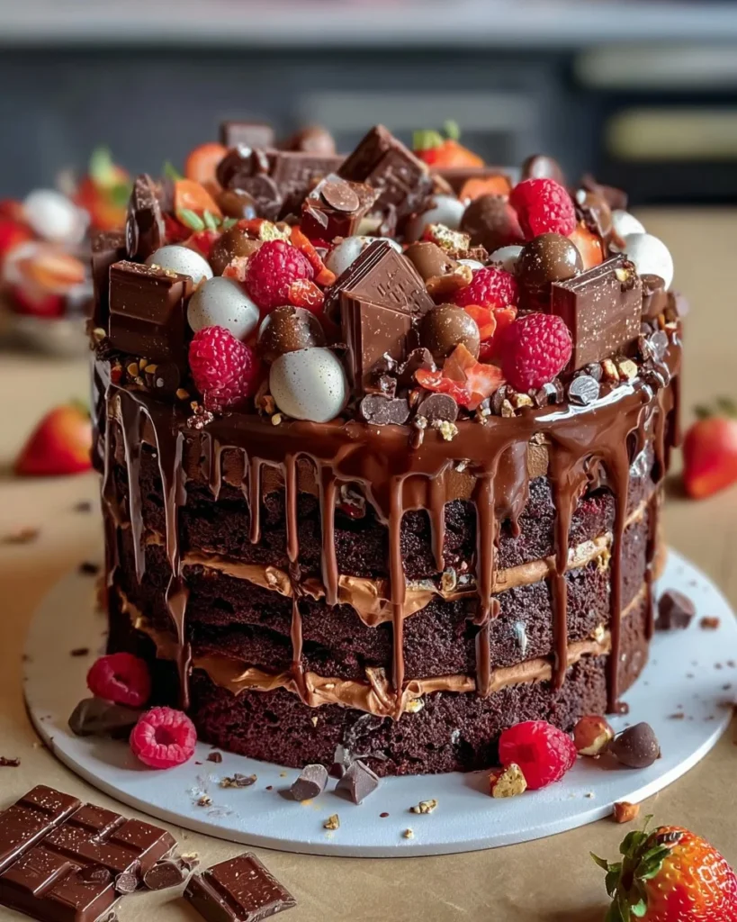 Epic Chocolate Overload Explosion Cake with rich chocolate frosting and decorations
