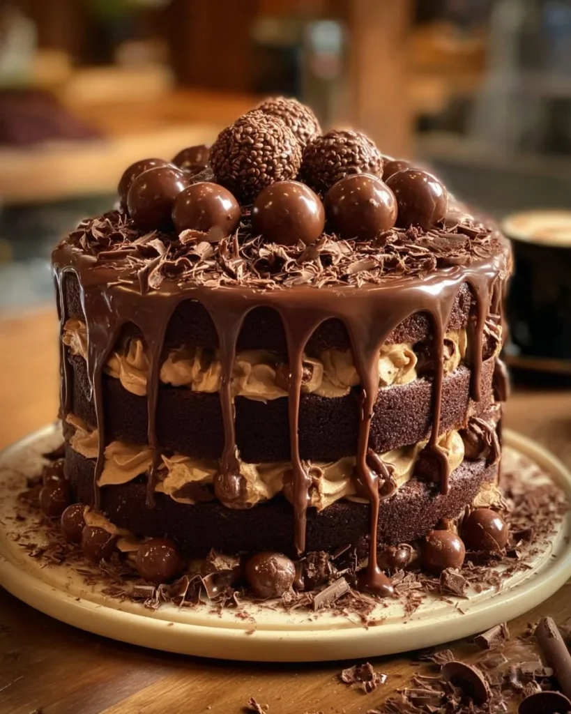 Delicious Epic Chocolate Overload Cake with layers of rich chocolate frosting