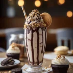 Delicious chocolate peanut butter milkshake topped with whipped cream and chocolate drizzle