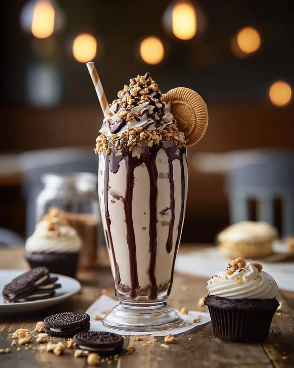 Delicious chocolate peanut butter milkshake topped with whipped cream and chocolate drizzle
