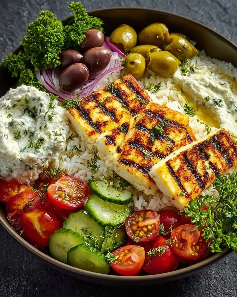 Epic Grilled Halloumi Greek Bowl with Creamy Tzatziki and Herby Veggies