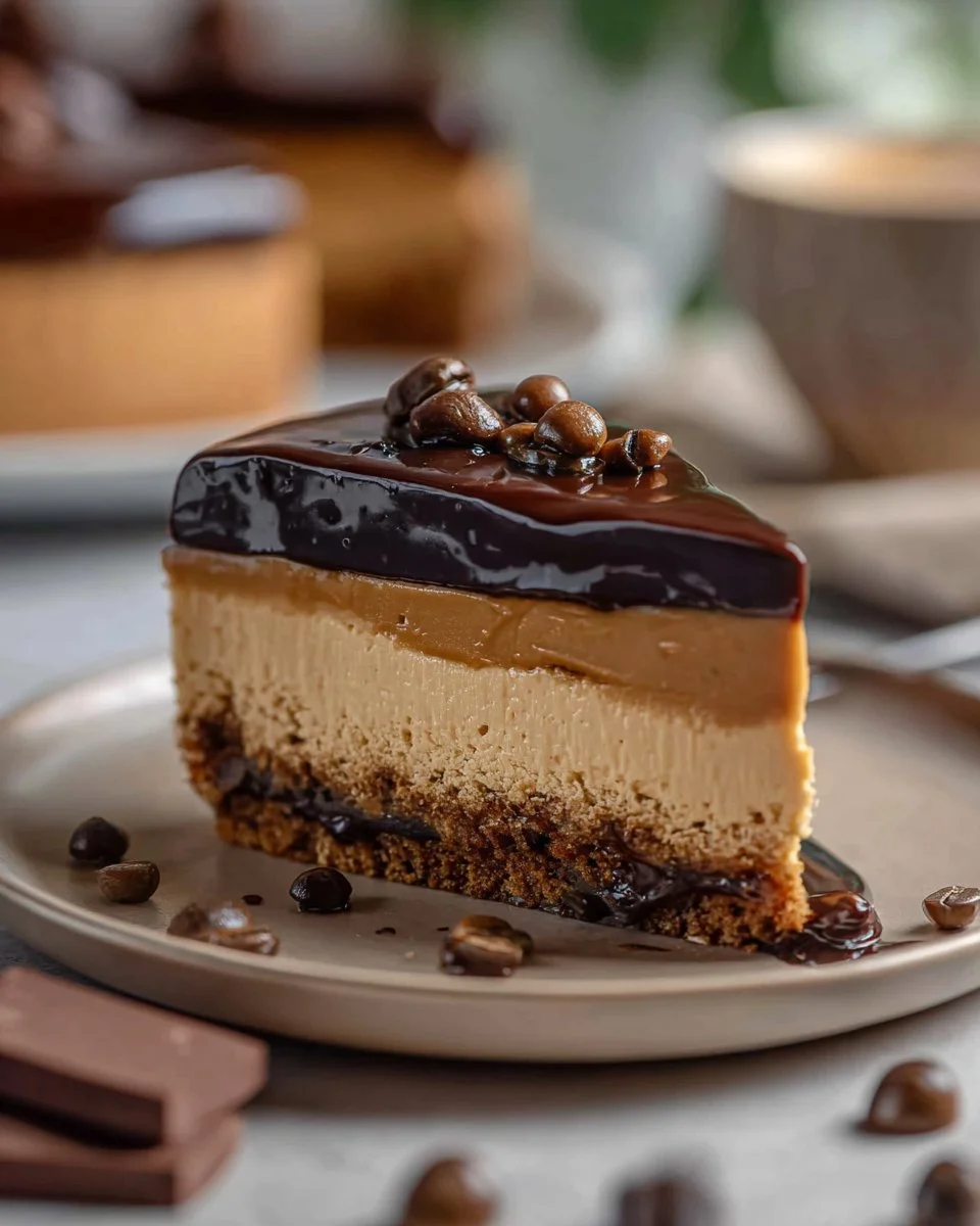 Slice of Espresso Coffee Cheesecake topped with rich chocolate ganache