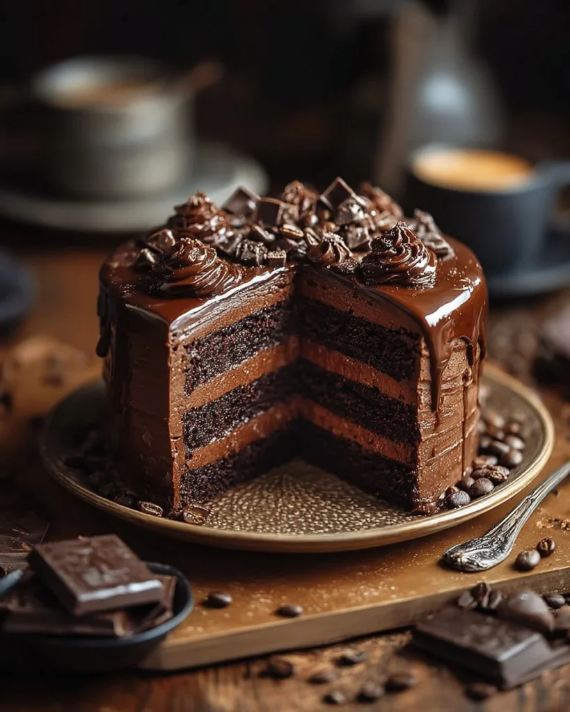 Slice of Espresso Dark Chocolate Cake topped with cocoa and coffee beans