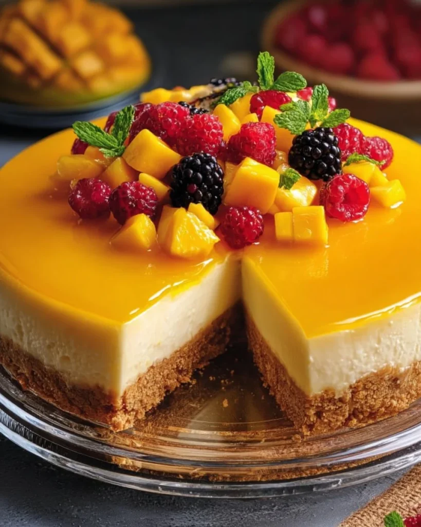 Slice of exotic mango berry cheesecake topped with fresh berries