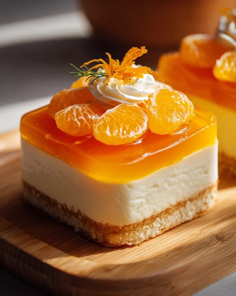 Delicious orange cheesecake squares topped with zest and fresh orange slices.