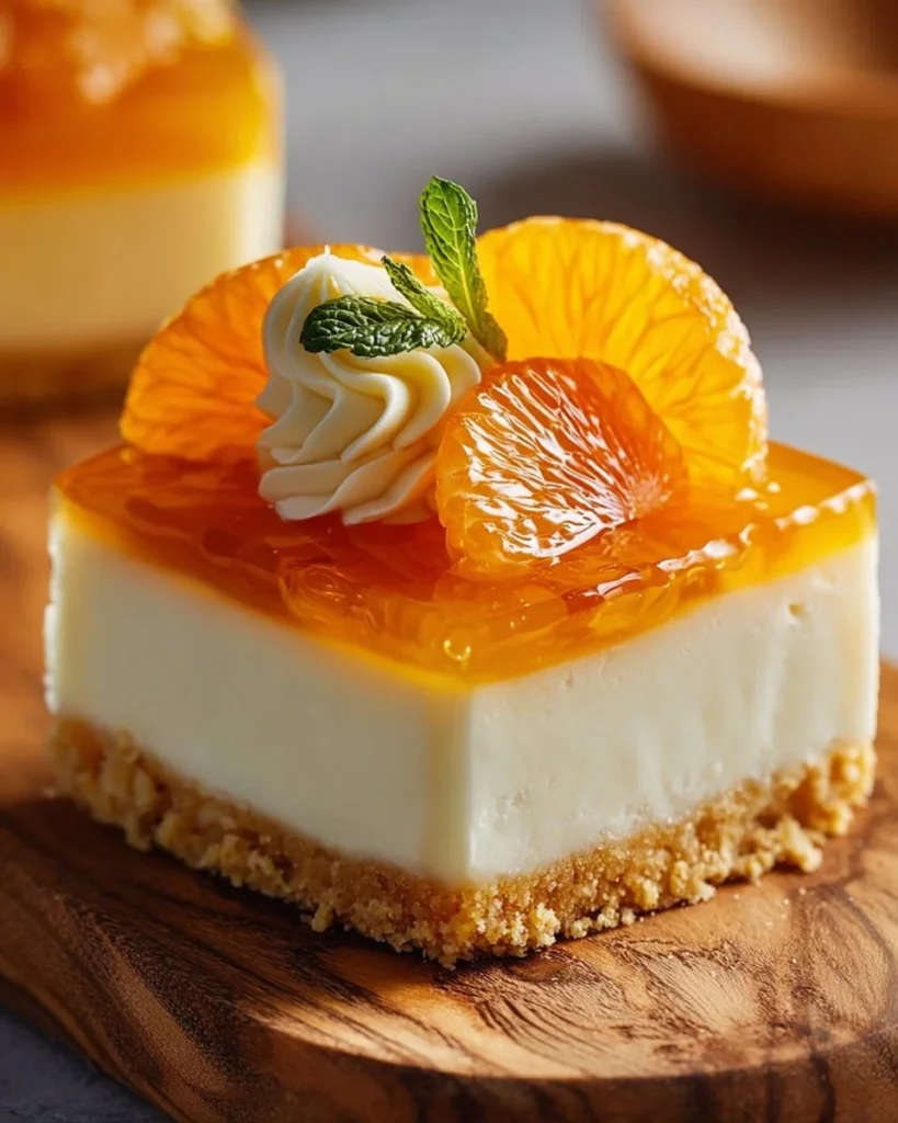 Delicious orange cheesecake squares on a plate, garnished with orange slices.