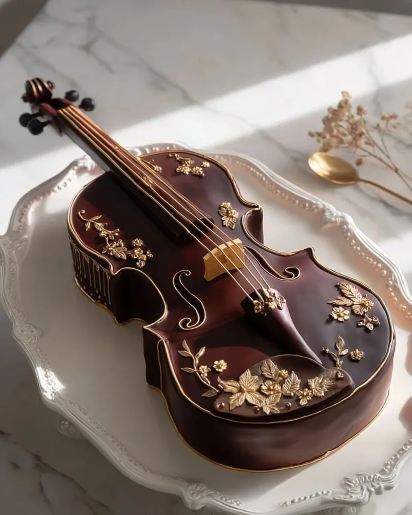 Exquisite violin chocolate cake designed for music lovers and special occasions.