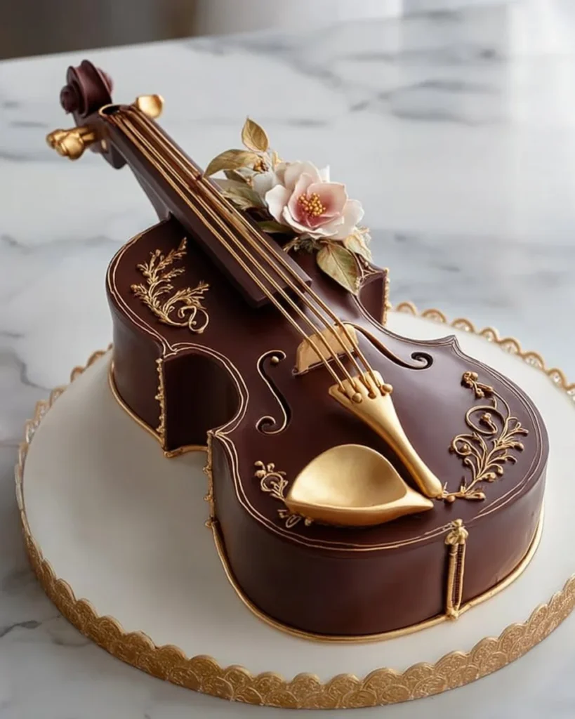 Exquisite violin chocolate cake decorated with fine details and rich chocolate frosting.
