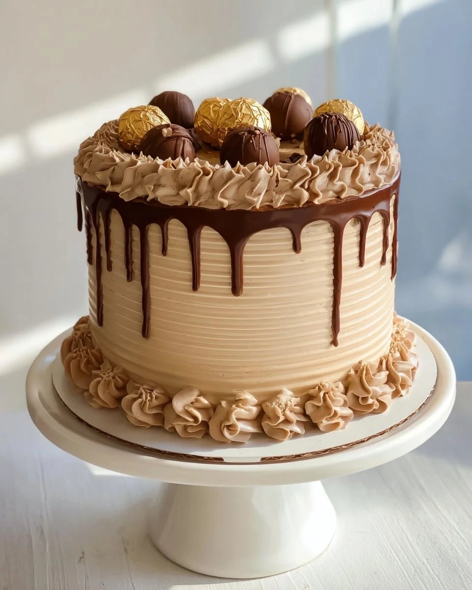 Delicious Ferrero Rocher Chocolate Drip Cake with rich chocolate ganache