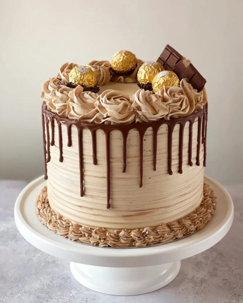 Ferrero Rocher Chocolate Drip Cake topped with rich chocolate ganache and hazelnuts