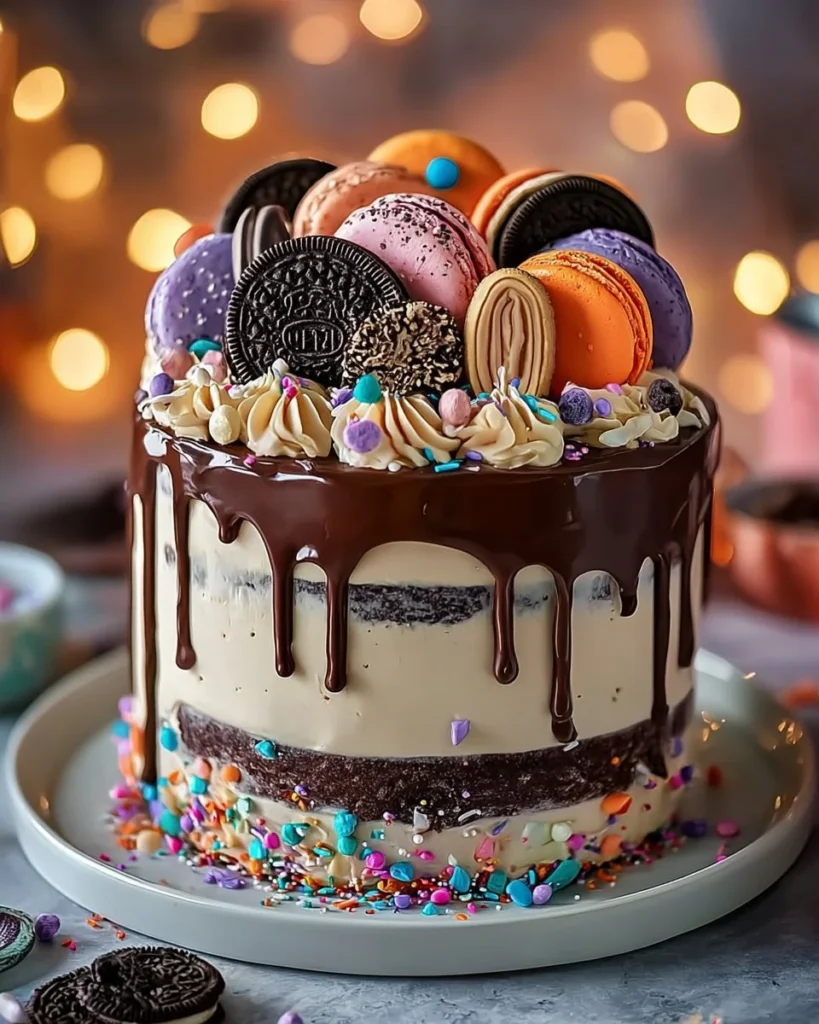Festive Oreo Macaron Cake with layers of Oreo cream and macarons on top