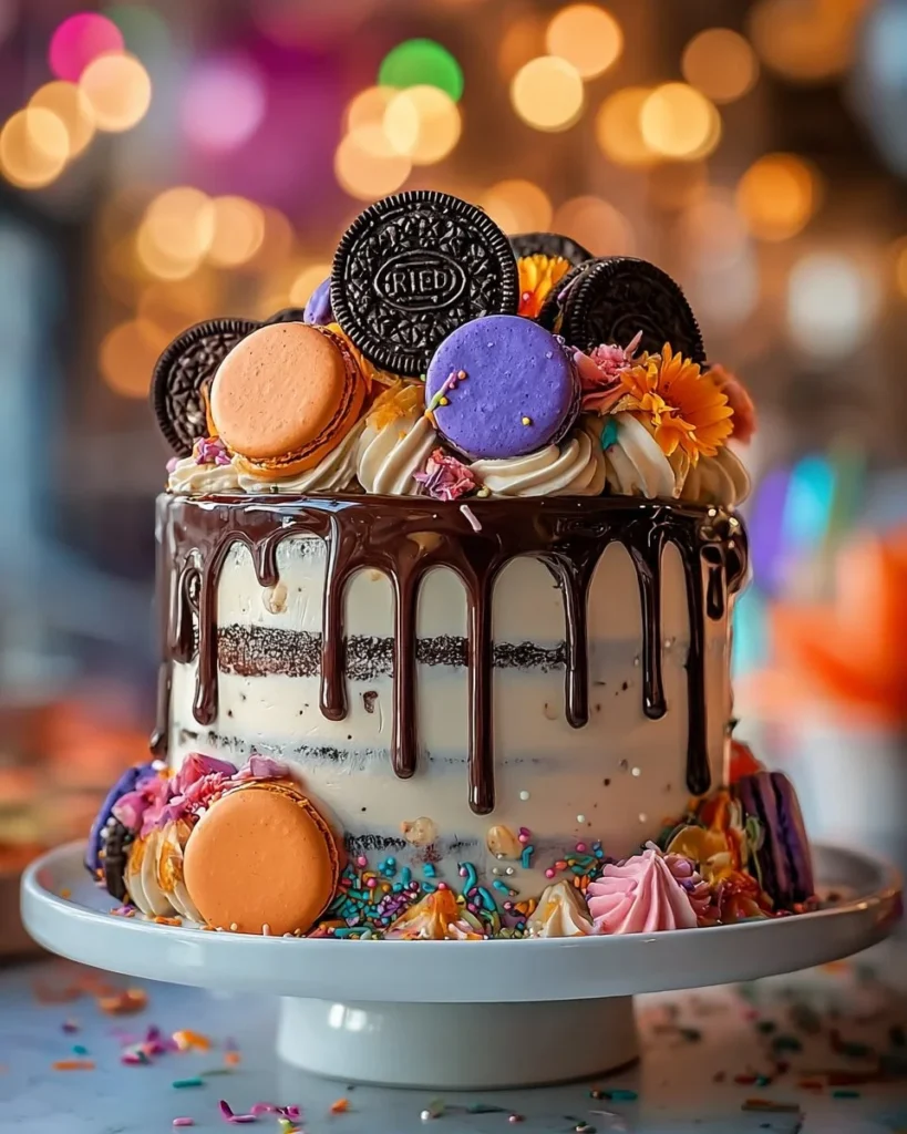 Festive Oreo Macaron Cake decorated with chocolate and cream layers