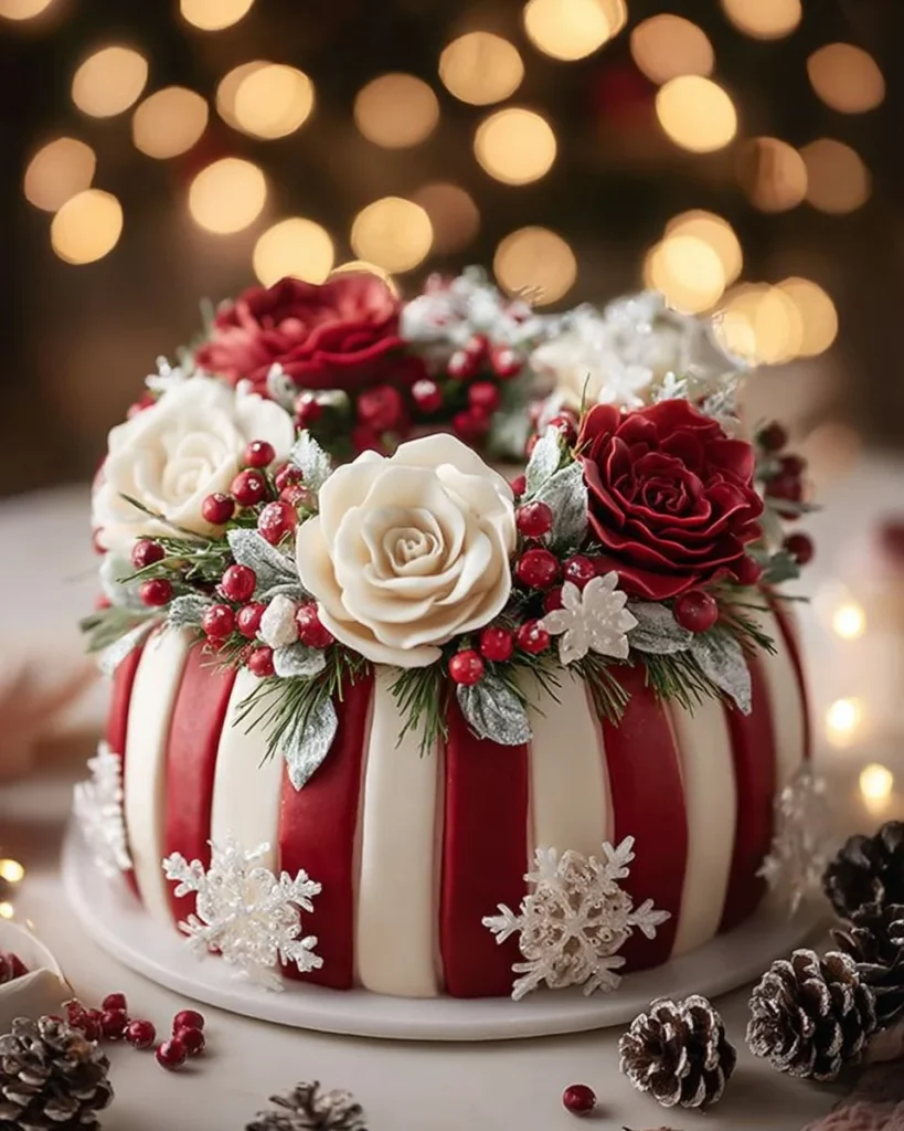 Festive red velvet wreath cake decorated with cream cheese frosting and ornaments.
