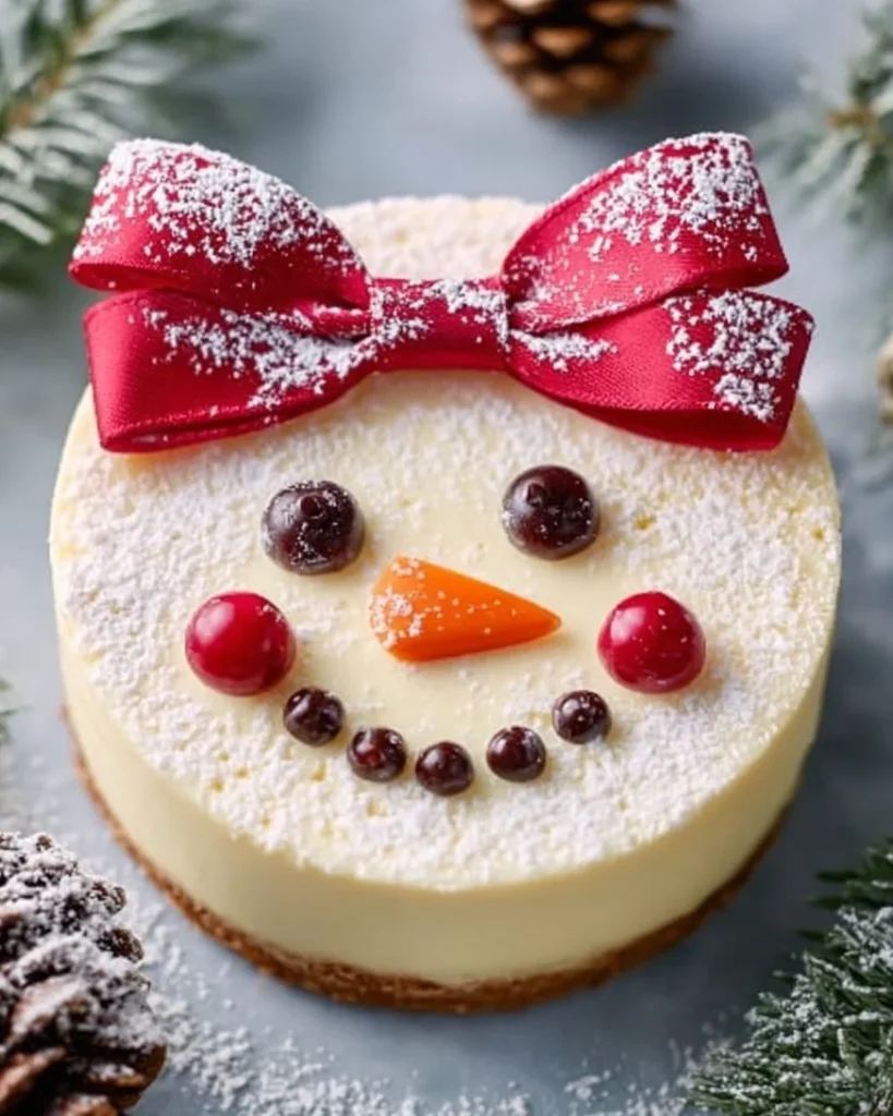 Festive Snowman Cheesecake decorated for the holidays